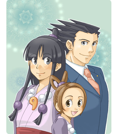 1boy, 2girls, pearl_fey, maya_fey, bad_id, bad_pixiv_id, black_hair, brown_eyes, brown_hair, capcom, ace_attorney, hiraishi_wataru, lowres, multiple_girls, phoenix_wright, smile
