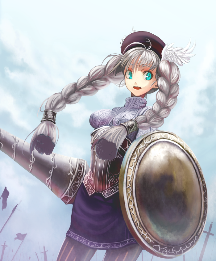 +_+, 1girl, aqua_eyes, armor, armored_dress, bad_id, bad_pixiv_id, battlefield