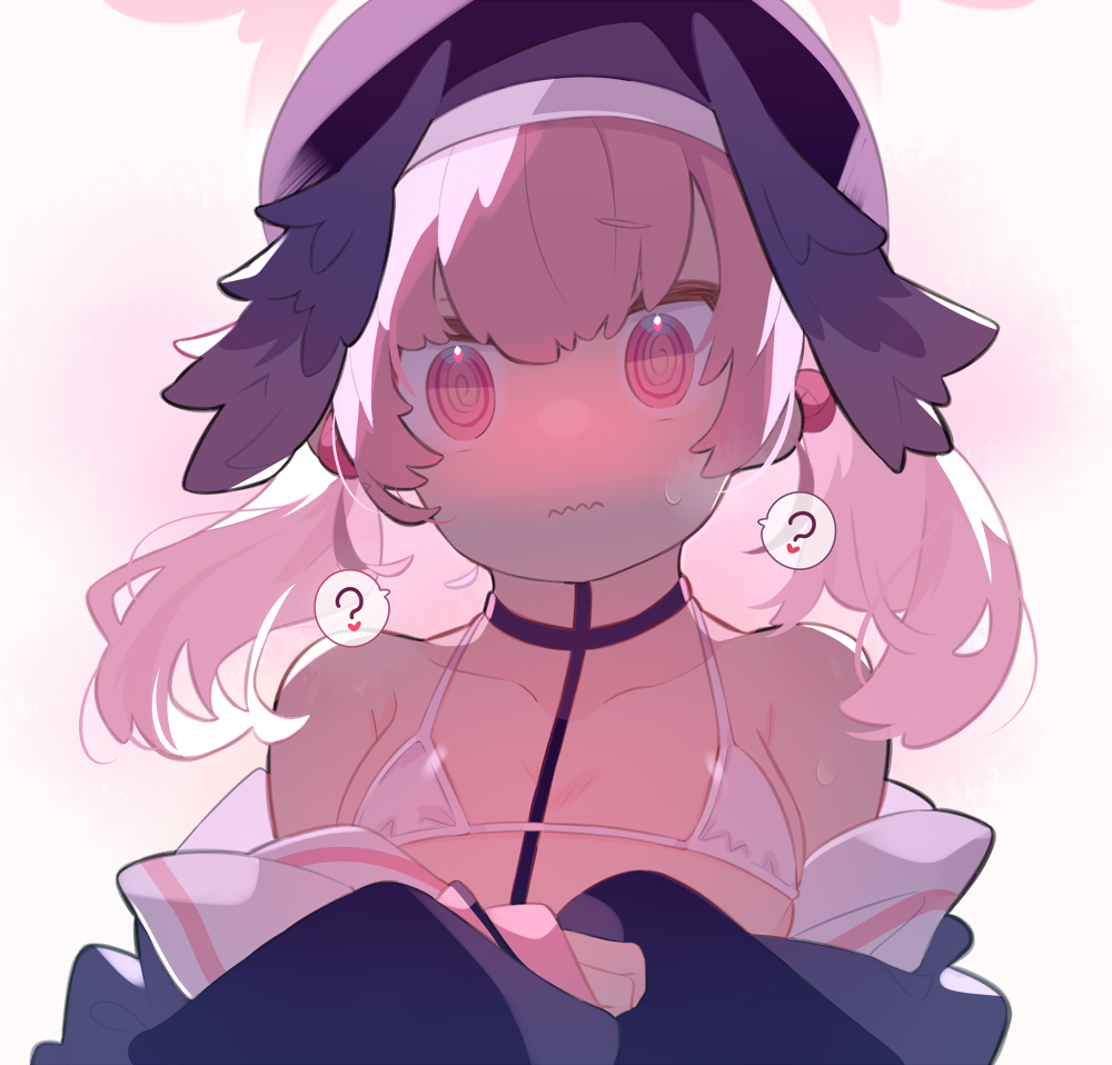 1girl, ?, @_@, beret, bikini, black_hat, black_shirt, black_wings