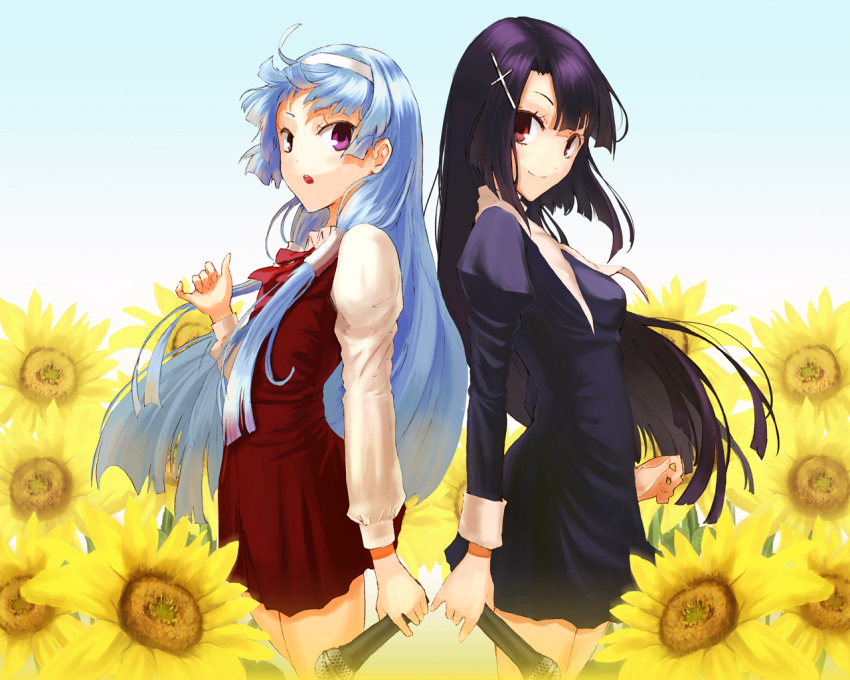 2girls, back-to-back, bad_id, bad_pixiv_id, blue_hair, blunt_bangs, flat_chest, flower