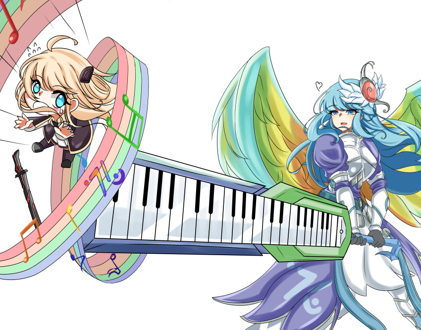 2girls, absurdres, angel, angel_wings, armor, armored_dress, blonde_hair, blue_dress, blue_hair, chibi, commission, commissioner_upload, dress, duel_monster, gameplay_mechanics, hair_ornament, highres, holding, holding_sword, holding_weapon, keyblade, long_hair, mamemame_(user_ntpx2584), multiple_girls, musical_note, number_76_harmonizer_gradielle, pixiv_commission, sky_striker_ace_-_raye, smile, sunrise_stance, sword, very_long_hair, weapon, wing_hair_ornament, wings, yu-gi-oh!
