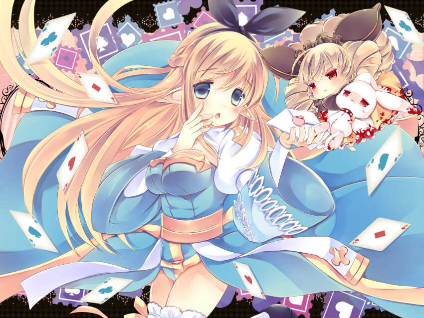 :<, ace_(playing_card), ace_of_clubs, ace_of_diamonds, ace_of_hearts, ace_of_spades, arch_bishop_(ragnarok_online), black_bow, black_hairband, blonde_hair, blue_dress, blue_eyes, blush, bow, braid, breasts, brown_headwear, card, cleavage, cleavage_cutout, closed_mouth, clothing_cutout, club_(shape), commentary_request, cowboy_shot, cross, diamond_(shape), dress, drill_hair, envelope, frilled_thighhighs, frills, hair_between_eyes, hair_bow, hairband, half_up_braid, headdress, heart, highres, holding, holding_envelope, juliet_sleeves, large_breasts, long_bangs, long_sleeves, looking_at_viewer, open_mouth, pelvic_curtain, piamette, playing_card, pointy_ears, poring, puffy_sleeves, quad_drills, ragnarok_online, red_eyes, sash, siguhoi, spade_(shape), stuffed_animal, stuffed_rabbit, stuffed_toy, thighhighs, two-tone_dress, white_dress, white_thighhighs, x_mouth, yellow_sash