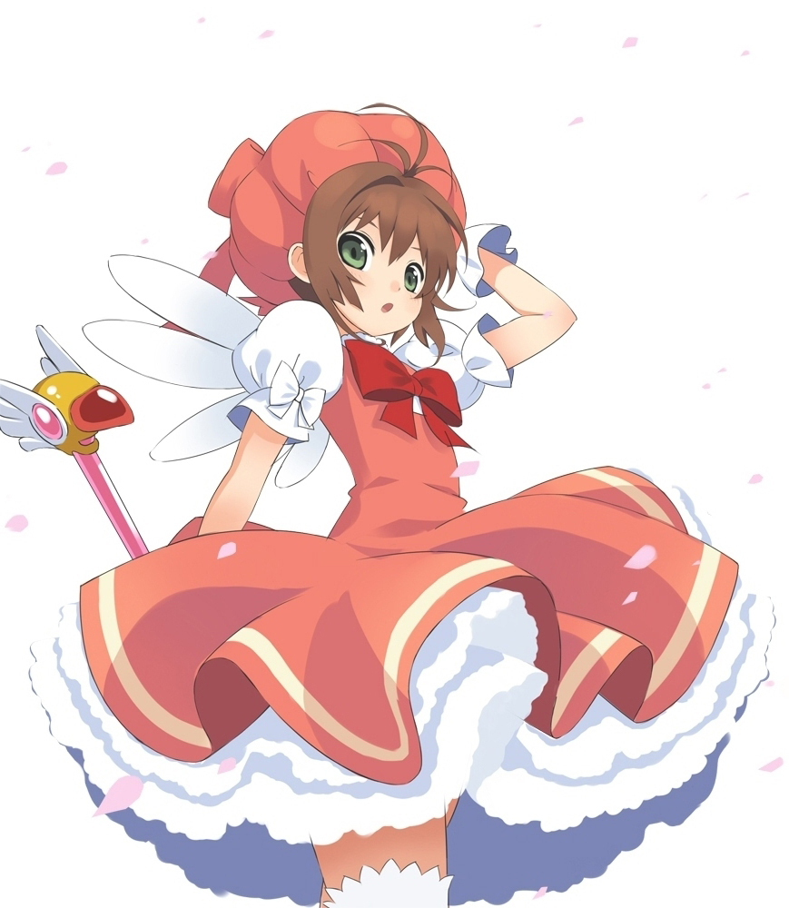 1990s_(style), 1girl, brown_hair, cardcaptor_sakura, chikachan, child, dress, female_focus, fuuin_no_tsue, green_eyes, hat, kinomoto_sakura, kinomoto_sakura_(magician), magical_girl, pink_hat, retro_artstyle, short_hair, solo, wand