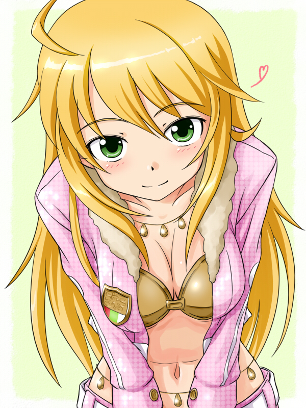 10s, 1girl, bad_id, bad_pixiv_id, belly_chain, bent_over, blonde_hair, bra