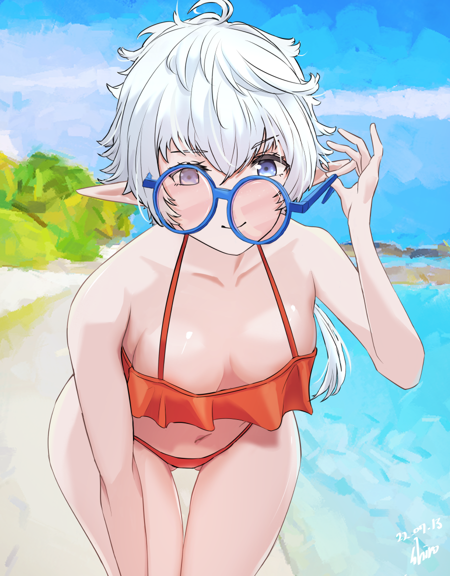 1girl, alisaie_leveilleur, artist_name, beach, bent_over, bikini, blue-framed_eyewear, blue_eyes, breasts, cowboy_shot, dated, day, elezen, elf, final_fantasy, final_fantasy_xiv, glasses, kitsune_hero, long_hair, looking_at_viewer, navel, outdoors, pointy_ears, red_bikini, round_eyewear, small_breasts, smile, swimsuit, white_hair