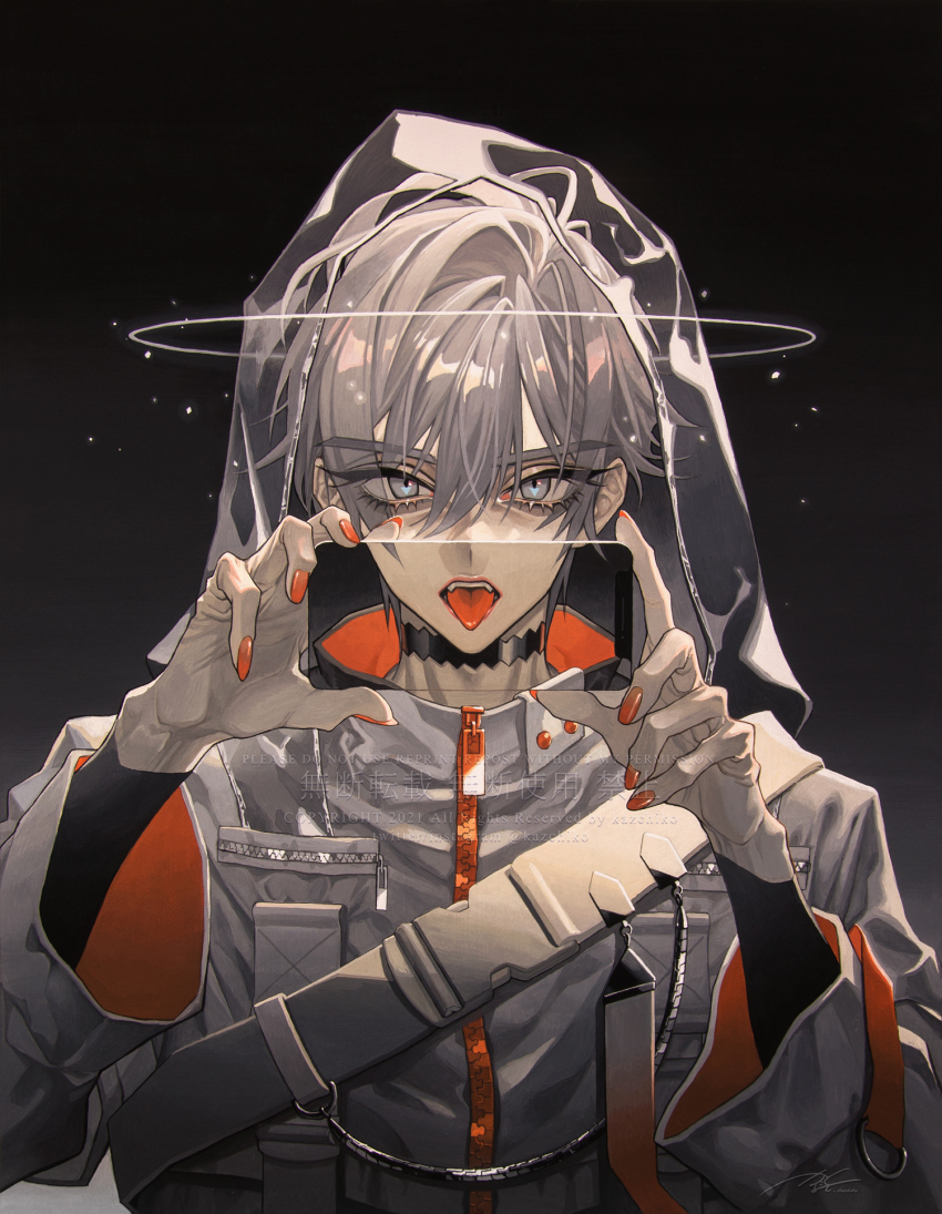 1boy, acrylic_paint_(medium), black_background, black_choker, buckle, cellphone, choker, commentary_request