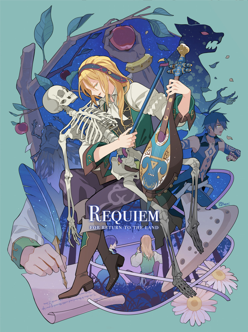 2boys, absurdres, apple, ascot, barbatos_(megido72), blonde_hair, blue_background, blue_vest