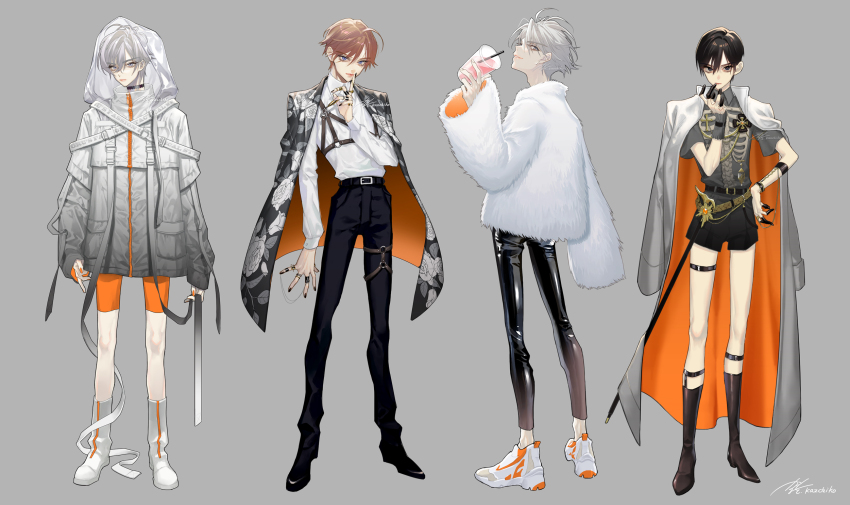 4boys, artist_name, belt, belt_buckle, bike_shorts, bishounen, black_belt, black_choker, black_coat, black_eyes, black_footwear, black_hair, black_nails, black_pants, blue_eyes, boots, bracelet, brown_hair, buckle, cane, center_frills, chain, chest_harness, choker, closed_mouth, coat, coat_on_shoulders, collared_shirt, cross, cup, disposable_cup, drinking_straw, eyes_visible_through_hair, finger_to_mouth, floral_print, frilled_shirt, frills, from_behind, full_body, fur_jacket, gradient_clothes, gradient_jacket, grey_background, grey_eyes, grey_hair, grey_jacket, grey_shirt, grey_shorts, hair_between_eyes, hand_on_own_hip, harness, highres, holding, holding_cup, hood, hood_up, jacket, jewelry, kazchiko, latin_cross, legwear_garter, long_bangs, long_sleeves, looking_at_viewer, looking_back, male_focus, multiple_boys, multiple_rings, nail_polish, orange_coat, orange_nails, orange_shorts, original, pants, parted_lips, print_coat, print_shirt, ring, rose_print, see-through_hood, shaft_look, shiny_clothes, shirt, shirt_tucked_in, shoes, short_hair, short_sleeves, shorts, signature, simple_background, single_wrist_cuff, skeleton_print, sleeves_past_wrists, snap-fit_buckle, sneakers, standing, strap, thigh_strap, two-sided_coat, two-sided_fabric, watermark, white_coat, white_footwear, white_hair, white_jacket, white_shirt, wrist_cuffs, zipper, zipper_footwear, zipper_pull_tab