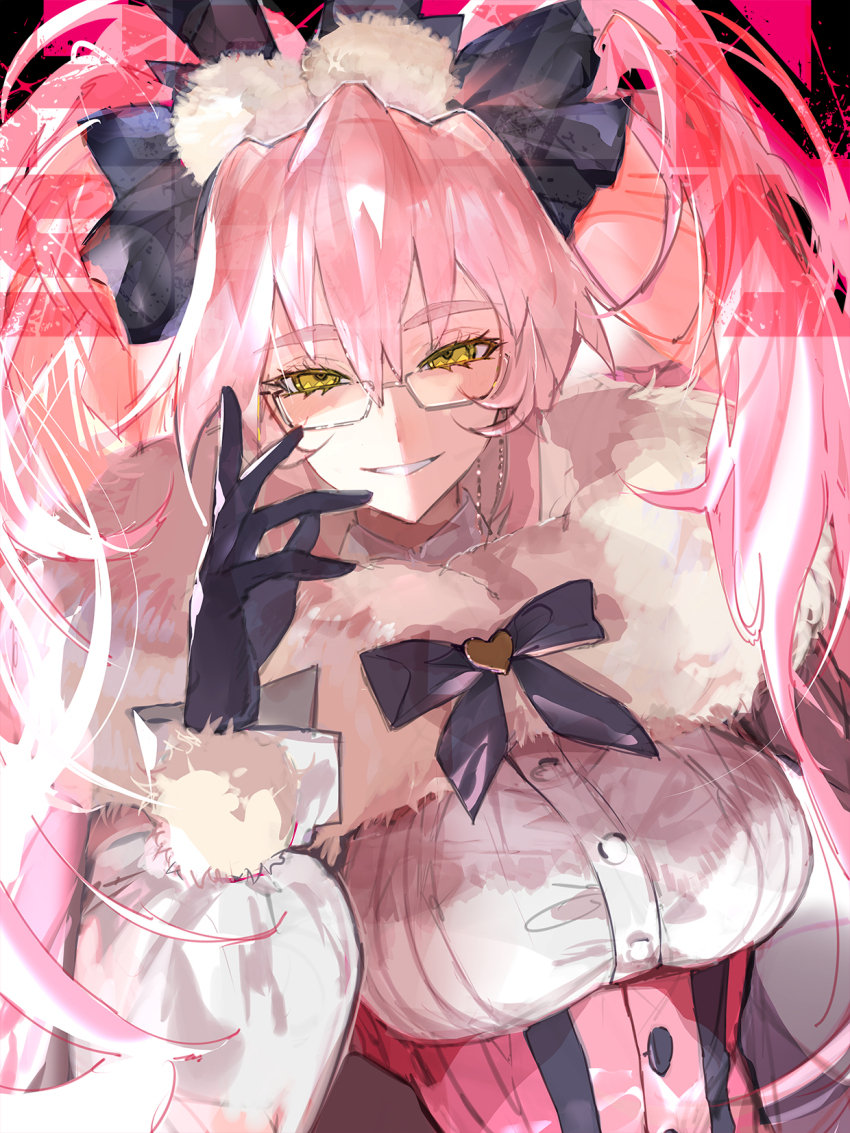 1girl, animal_ear_fluff, animal_ears, black_bow, black_gloves, blush, bow, breasts, cloak, collared_shirt, corset, dress_shirt, fate/grand_order, fate_(series), fur-trimmed_cloak, fur_collar, fur_trim, glasses, gloves, grin, hair_between_eyes, hair_bow, highres, koyanskaya_(assassin)_(second_ascension)_(fate), koyanskaya_(fate), large_breasts, long_hair, long_sleeves, looking_at_viewer, pink_hair, rabbit_ears, shirt, sidelocks, smile, solo, suzuhi_(fullprayer), twintails, underbust, white_shirt, yellow_eyes