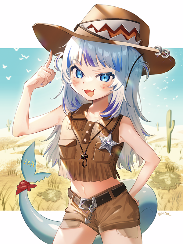 1girl, :d, adjusting_clothes, adjusting_headwear, arm_up, bare_shoulders, belt, blue_eyes, blue_nails, blue_sky, brown_shorts, cactus, cowboy, cowboy_hat, cowboy_shot, fang, fins, fish_tail, gawr_gura, grass, hair_ornament, hat, hololive, hololive_english, long_hair, midriff, moa_(21energy12), multicolored_hair, nail_polish, navel, open_mouth, outdoors, shark_girl, shark_hair_ornament, shark_tail, sheriff_badge, short_shorts, short_twintails, shorts, skin_fang, sky, smile, solo, stomach, streaked_hair, tail, twintails, virtual_youtuber, western, white_hair