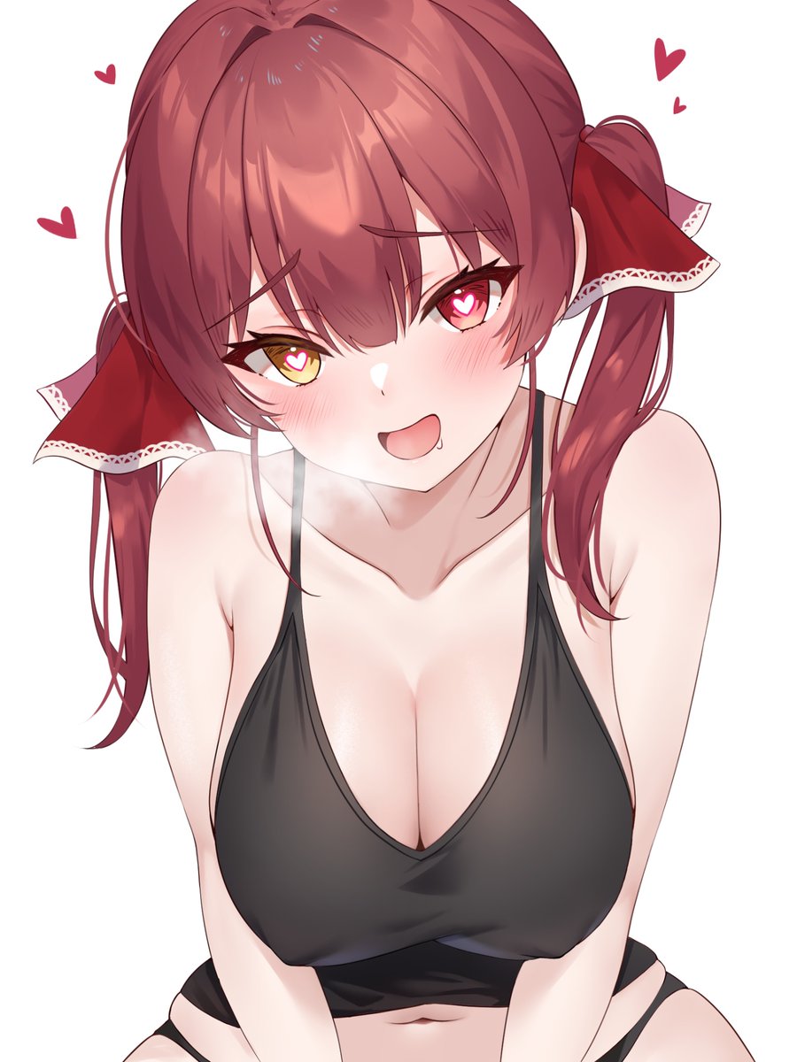 1girl, bare_shoulders, black_panties, blush, breasts, cleavage, collarbone, hair_ribbon, heart, heart-shaped_pupils, heterochromia, highres, holika_baby, hololive, houshou_marine, large_breasts, long_hair, looking_at_viewer, navel, open_mouth, panties, red_eyes, red_hair, ribbon, saliva, shirt, sleeveless, sleeveless_shirt, solo, spaghetti_strap, steam, symbol-shaped_pupils, twintails, underwear, underwear_only, virtual_youtuber, white_background, yellow_eyes