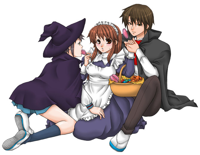asahina_mikuru, candy, halloween, hat, koizumi_itsuki, maid, nagato_yuki, suzumiya_haruhi_no_yuuutsu
