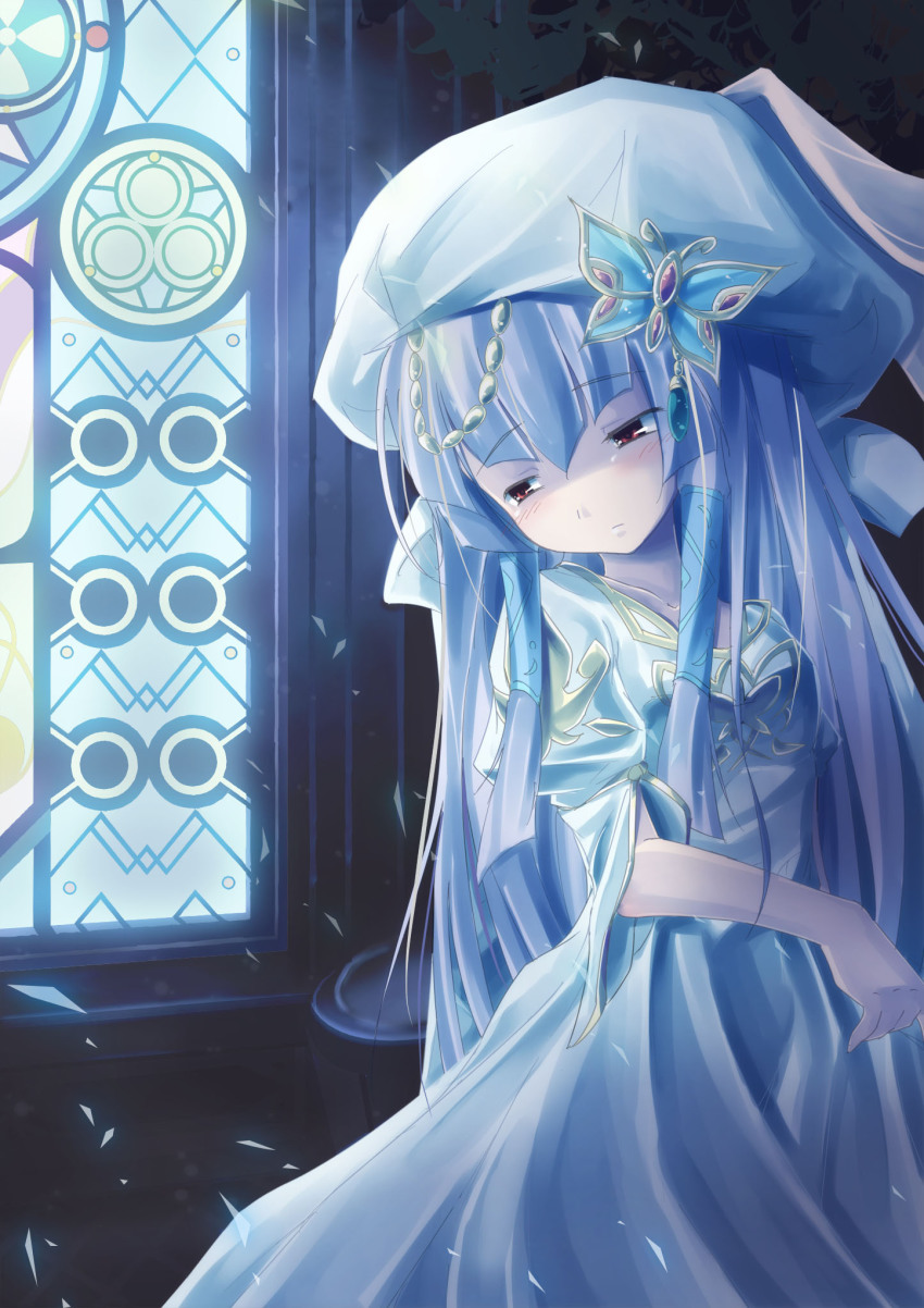1girl, aral, atlus, blue_dress, blue_eyes, blue_hair, blush, dress