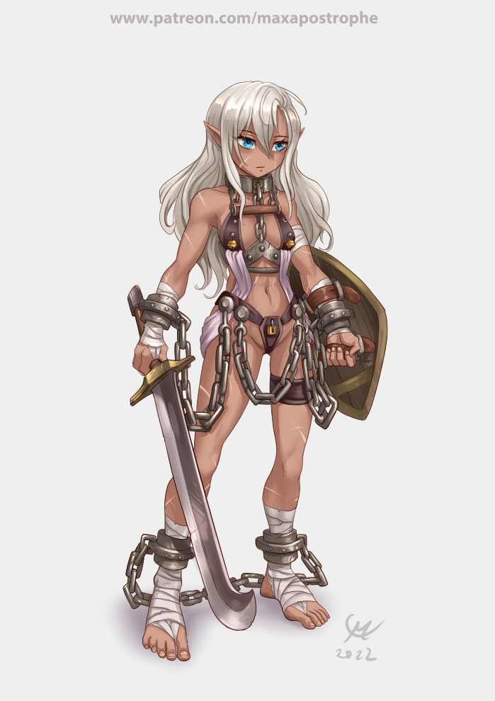 2022, bandages, barefoot, battle_scarred, blank_eyes, blue_eyes, chain, cuffs, elf, fantasy, flowing_curved_sword, grey_hair, holding, holding_shield, holding_sword, holding_weapon, leather, lettanya_(maxa'), lock, maxa', original, pointy_ears, scar, shackles, shield, slave, slave_tattoo, solo, sword, tan, tattoo, weapon, white_background