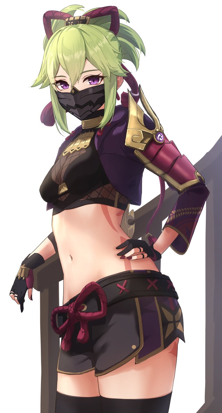 1girl, ashiminoe, black_shirt, black_shorts, black_thighhighs, commentary, crop_top, genshin_impact, green_hair, hair_between_eyes, hand_on_own_hip, highres, jacket, kuki_shinobu, long_sleeves, looking_at_viewer, mask, midriff, midriff_tattoo, mouth_mask, navel, open_clothes, open_jacket, ponytail, purple_eyes, purple_jacket, shirt, short_hair, short_shorts, shorts, solo, stomach, tattoo, thighhighs, thighs, white_background