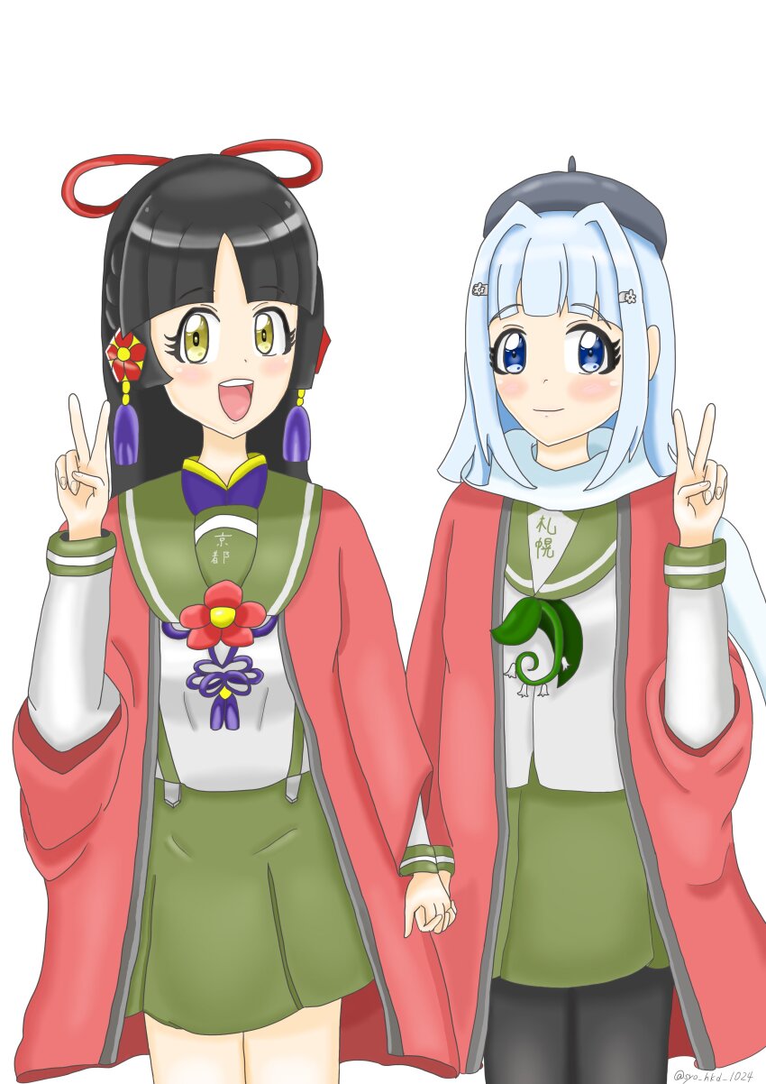 2girls, absurdres, black_hair, green_skirt, happi, highres, japanese_clothes, kyoto-tan