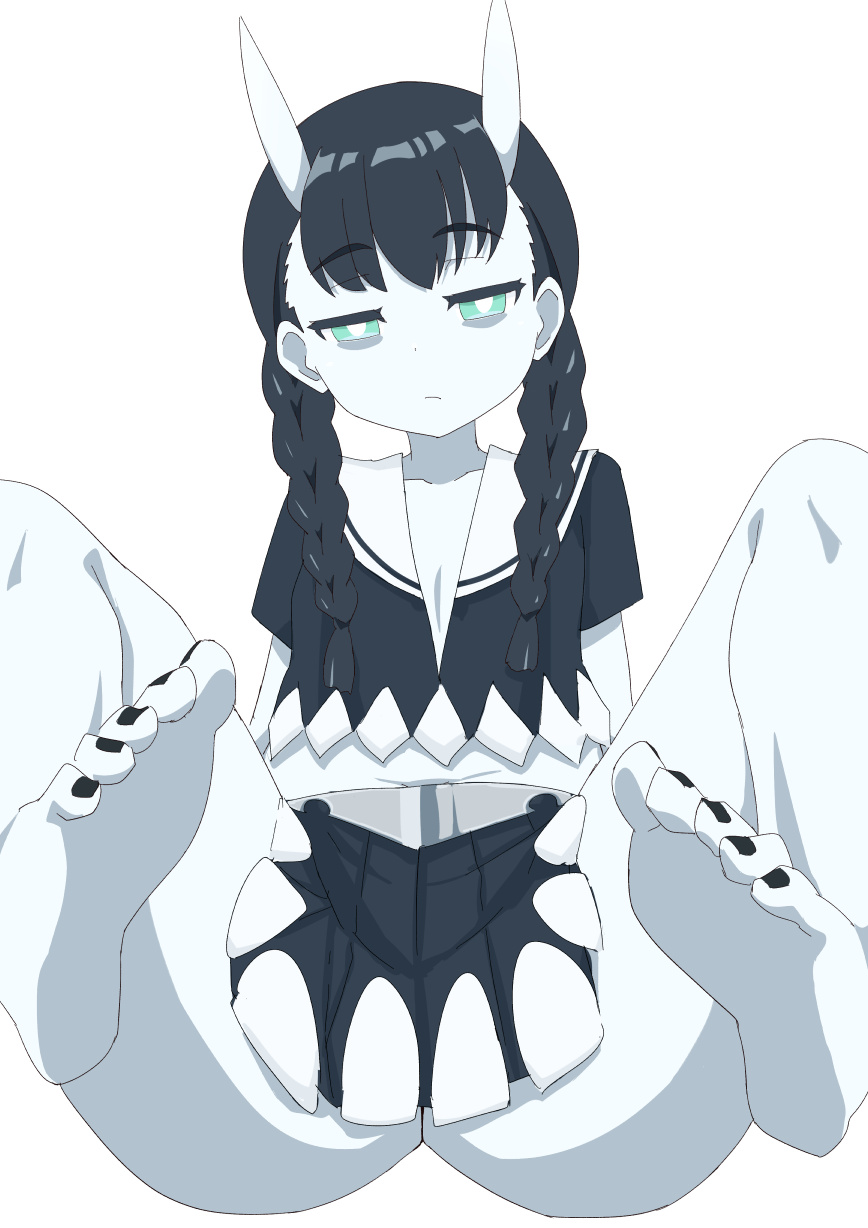 1girl, abyssal_stranded_landing_princess, barefoot, black_hair, blue_eyes, braid, feet, highres, horns, kantai_collection, long_hair, looking_at_viewer, pale_skin, soles, toes, twin_braids