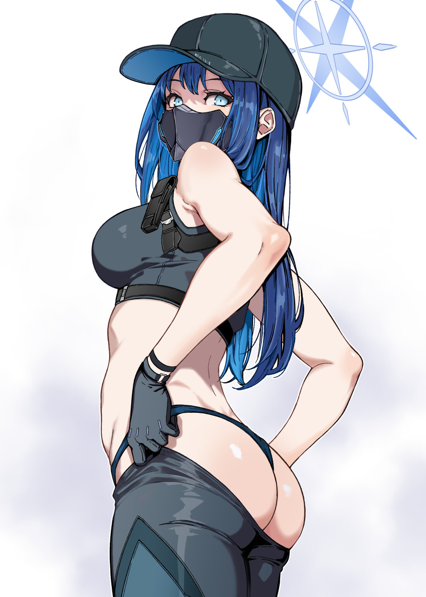 1girl, absurdres, ass, bare_shoulders, baseball_cap, belt, black_belt, black_hat