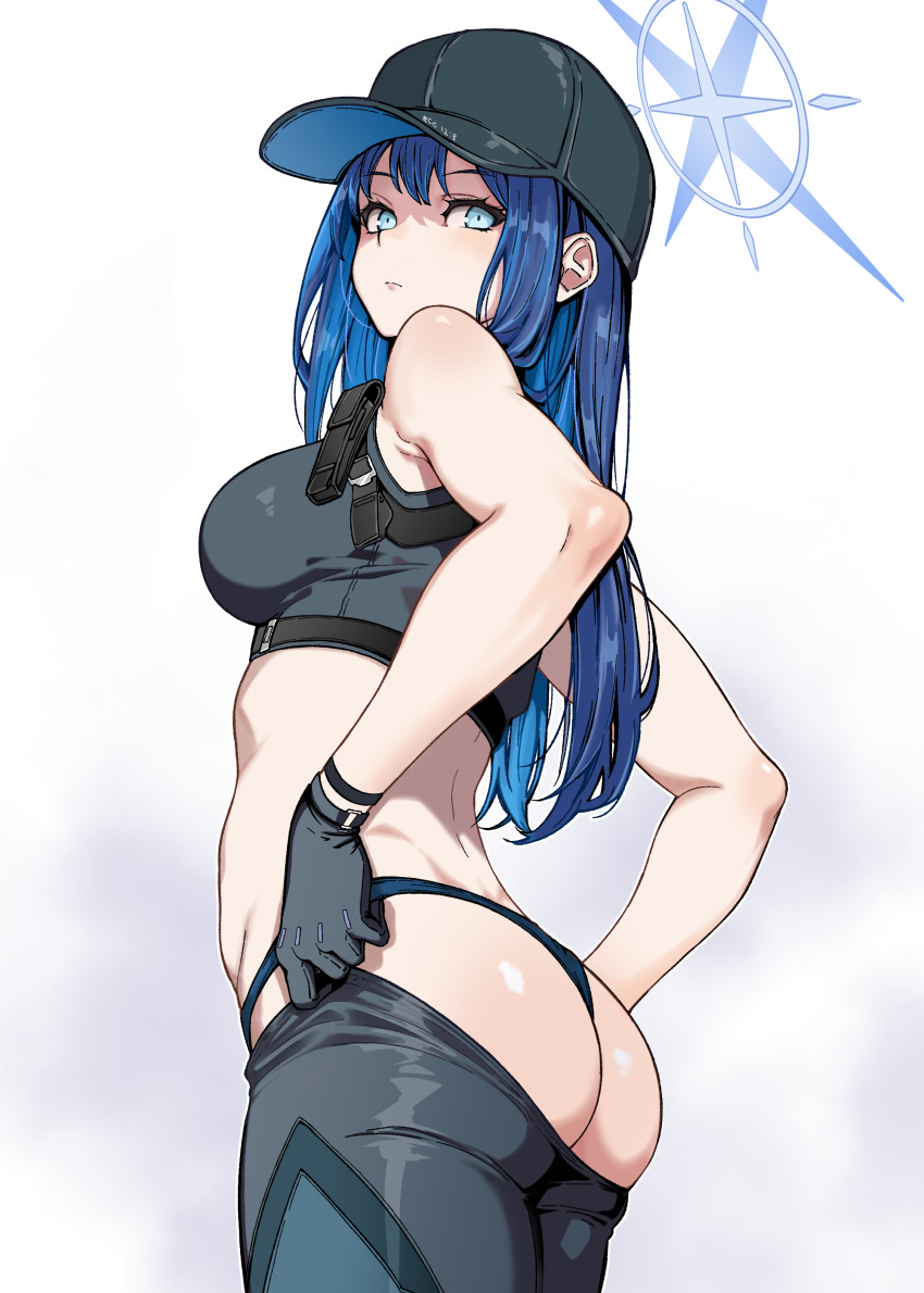 1girl, absurdres, ass, bare_shoulders, baseball_cap, belt, black_belt, black_hat