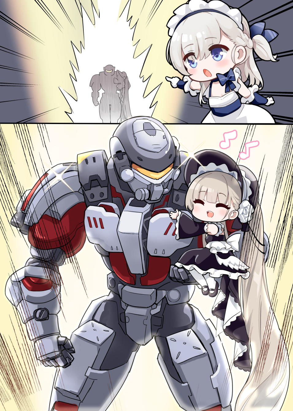 2girls, 2koma, :o, absurdly_long_hair, aged_down, apron, armor, azur_lane, black_dress, black_headwear, blonde_hair, blue_dress, blue_eyes, blush, braid, breasts, carrying, carrying_person, chibi, cleavage, closed_eyes, comic, commander_(azur_lane), dress, feet, french_braid, frilled_apron, frilled_gloves, frills, gloves, happy, highres, hm_(hmongt), holding_person, hug, light_brown_hair, little_bel_(azur_lane), little_formidable_(azur_lane), long_hair, looking_at_another, looking_at_viewer, maid, maid_apron, maid_headdress, meme, multiple_girls, musical_note, one_side_up, open_mouth, pointing, pointing_at_another, pointing_backward, pose_imitation, power_armor, power_armor_commander_(azur_lane), purple_eyes, ribbon, shoes, sleeveless, sleeveless_dress, smile, standing, tareme, teeth, thighhighs, two-tone_dress, two-tone_ribbon, two_soyjaks_pointing_(meme), upper_teeth_only, very_long_hair, waist_apron, white_gloves, white_hair