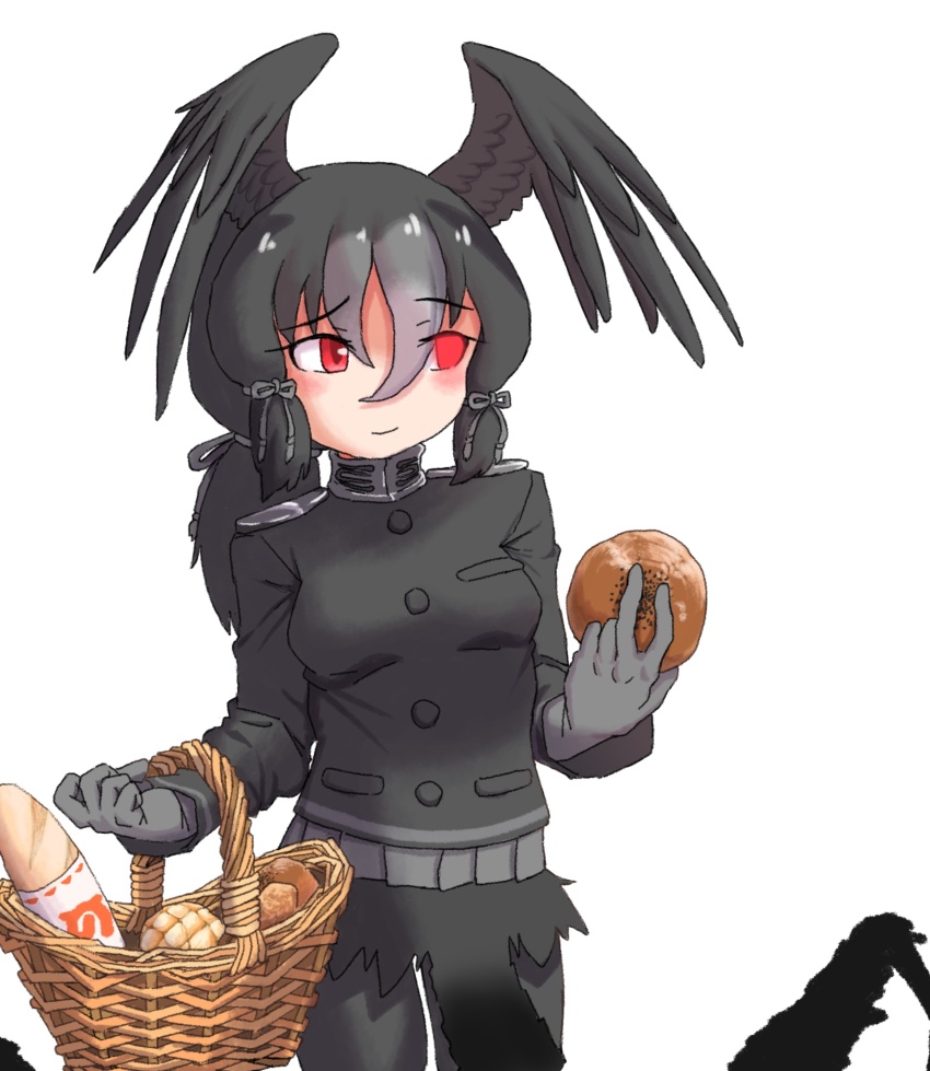 1girl, baguette, basket, bird_girl, bird_wings, black_hair, black_pantyhose, black_shirt