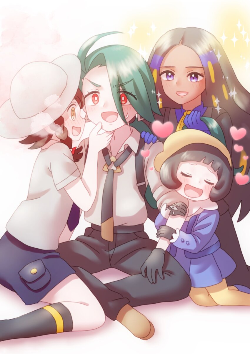 4girls, @_@, affectionate_harem, age_difference, ahoge, black_hair, blush, braid, brown_hair, closed_eyes, embarrassed, formal_clothes, geeta_(pokemon), gloves, grey_hair, hand_on_another's_chin, harem, hat, heart, highres, holding_another's_hair, indian_style, juliana_(pokemon), katsuonoeboebo, kneeling, long_hair, looking_at_another, medium_hair, multiple_girls, necktie, nintendo, on_floor, onee-loli, open_mouth, pants, pokemon, pokemon_scarlet_and_violet, ponytail, poppy_(pokemon), purple_eyes, red_eyes, rika_(pokemon), shirt, shoes, shorts, sitting, smile, socks, sparkle, suit, yellow_eyes, yuri