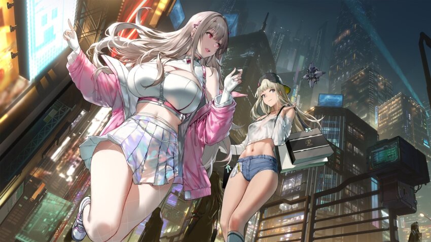 2girls, backwards_hat, bag, bare_shoulders, black_headwear, blonde_hair, blue_eyes, blue_shorts, breasts, centi_(nikke), centi_(supreme_holiday)_(nikke), closed_mouth, fingerless_gloves, gloves, goddess_of_victory:_nikke, hat, holding, holding_bag, jacket, kneehighs, large_breasts, long_hair, long_sleeves, multiple_girls, off_shoulder, official_alternate_costume, open_clothes, open_jacket, open_mouth, outdoors, pink_jacket, pleated_skirt, red_eyes, shirt, short_shorts, shorts, silver_skirt, skirt, smile, socks, swd3e2, thighs, viper_(nikke), white_gloves, white_shirt