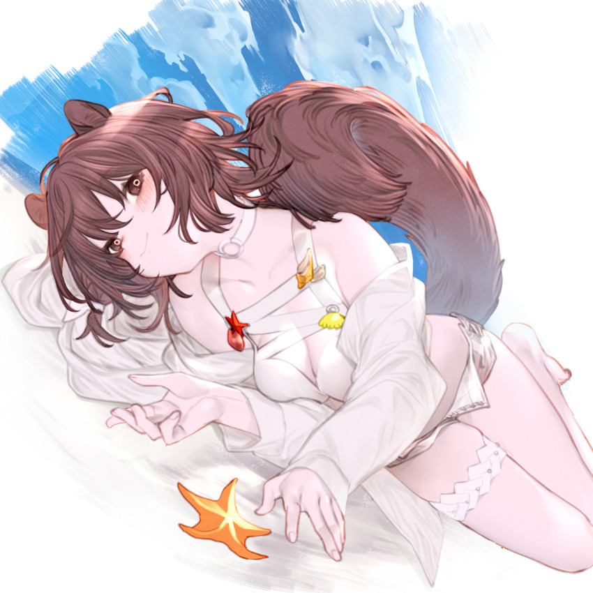 1girl, animal_ears, arknights, barefoot, beach, brown_eyes, brown_hair, camisole