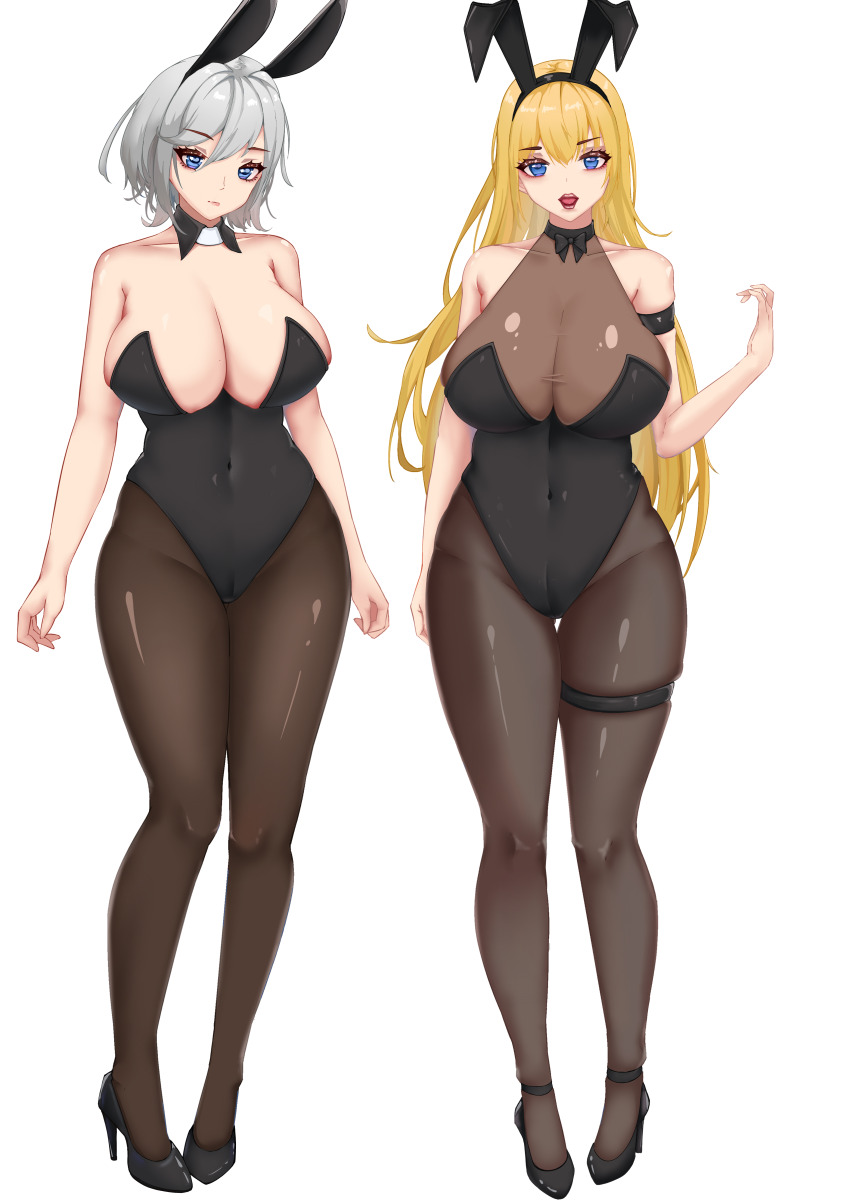 2girls, absurdres, alternate_costume, animal_ears, ankle_strap, azur_lane, black_footwear, black_leotard