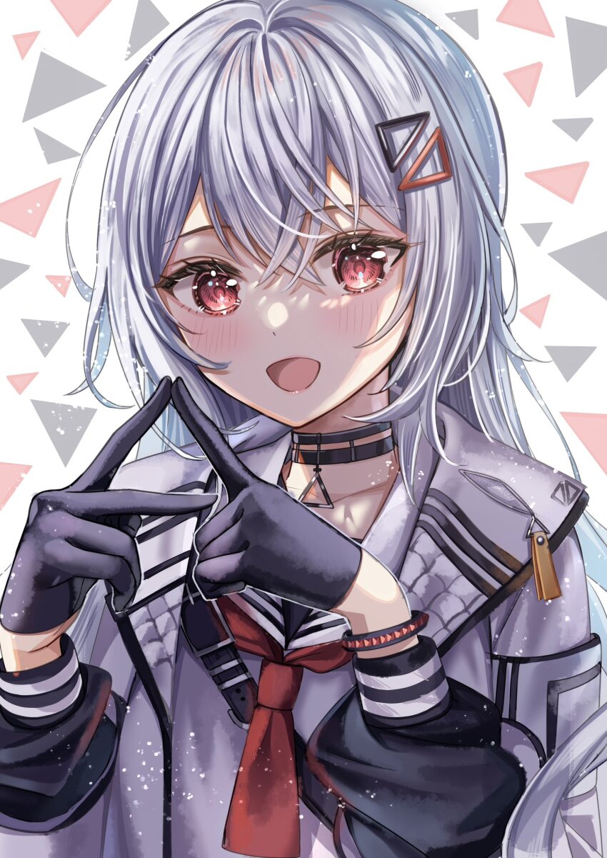 ascot, black_choker, black_gloves, blush, bracelet, choker, crossed_bangs, gloves