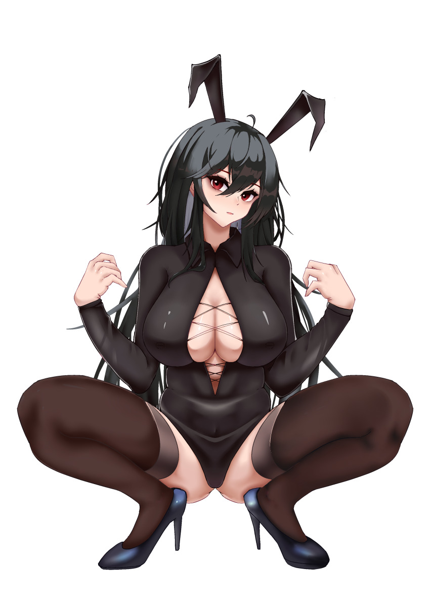 1girl, absurdres, animal_ears, azur_lane, black_hair, black_shirt, black_shoes, breasts
