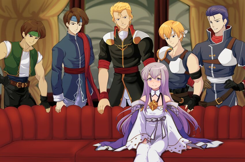 1girl, 5boys, absurdres, blank_stare, blush, clueless, commission, commissioner_upload, couch, curtains, diarmuid_(fire_emblem), febail_(fire_emblem), fire_emblem, fire_emblem:_genealogy_of_the_holy_war, fire_emblem:_thracia_776, fire_emblem_heroes, highres, iuchar_(fire_emblem), iucharba_(fire_emblem), julia_(fire_emblem), lester_(fire_emblem), light_purple_hair, meme, multiple_boys, naughty_face, nintendo, piper_perri_surrounded_(meme), purple_eyes, rs40uchiha, smile, window