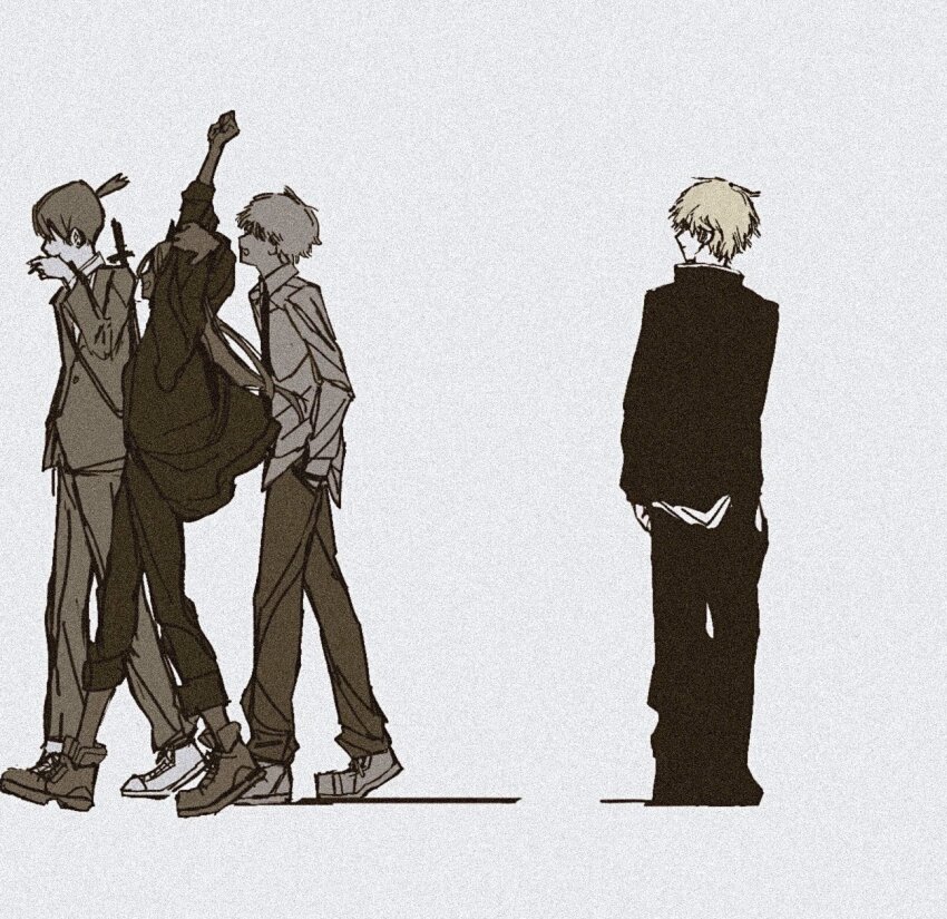 1girl, 2boys, black_necktie, black_pants, chainsaw_man, denji_(chainsaw_man), formal_clothes, hands_in_pockets