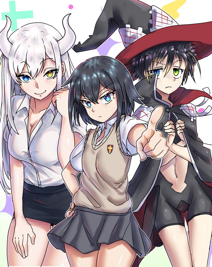 1boy, 2girls, absurdres, androgynous, black_cloak, black_hair, black_headwear, black_skirt, blue_eyes, borrowed_character, breasts, bright_pupils, brother_and_sister, brown_sweater_vest, cleavage, cloak, closed_mouth, collarbone, collared_shirt, commentary, cosplay, cowboy_shot, ebora, emblem, english_commentary, green_eyes, grey_skirt, hand_on_own_hip, hand_on_own_thigh, hat, heterochromia, highres, horns, index_finger_raised, large_breasts, long_hair, looking_at_viewer, medium_hair, multiple_girls, original, othinus, othinus_(cosplay), school_emblem, school_uniform, shirt, short_sleeves, siblings, single_horn, sisters, skirt, slit_pupils, smile, spiked_hair, standing, summer_uniform, sweater_vest, thigh_gap, toaru_majutsu_no_index, toaru_majutsu_no_index:_new_testament, tokiwadai_school_uniform, white_hair, white_horns, white_pupils, white_shirt, witch_hat, yellow_eyes