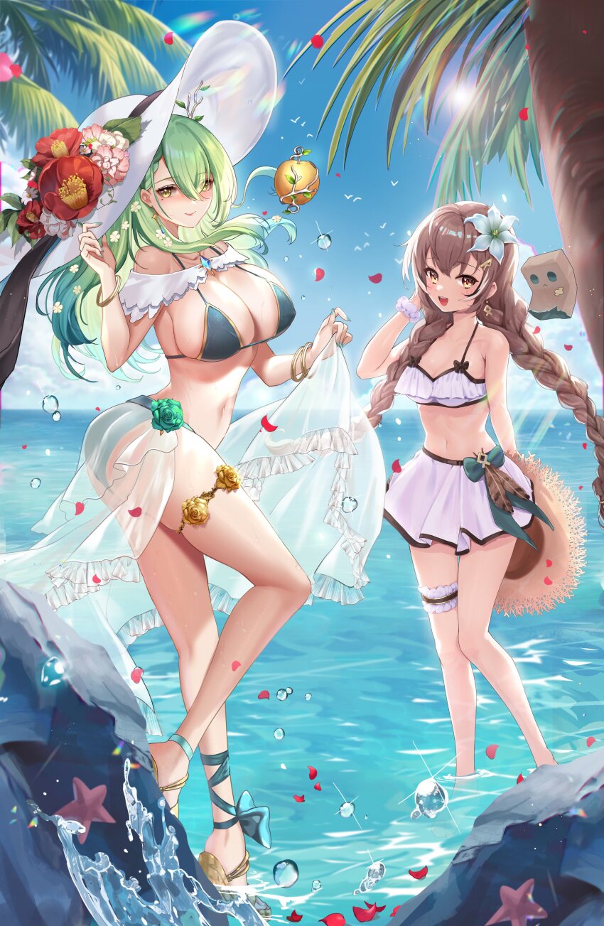 2girls, :d, absurdres, ahoge, alternate_costume, alternate_hairstyle, antlers, apple