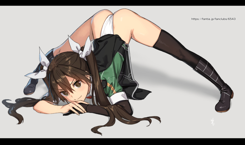 1girl, arched_back, arm_rest, ass, black_footwear, blush, brown_hair, closed_mouth, elbow_gloves, female_focus, flexible, full_body, gloves, hair_between_eyes, hair_ribbon, hands_on_ground, highleg, highleg_panties, highres, jack-o'_challenge, kantai_collection, kawakami_rokkaku, legs_apart, letterboxed, long_hair, looking_at_viewer, meme, panties, pelvic_curtain, revision, ribbon, simple_background, single_elbow_glove, single_thighhigh, smile, solo, spread_legs, stretching, thighhighs, tone_(kancolle), tone_kai_ni_(kancolle), top-down_bottom-up, twintails, underwear, wedgie, white_panties, white_ribbon, wide_spread_legs