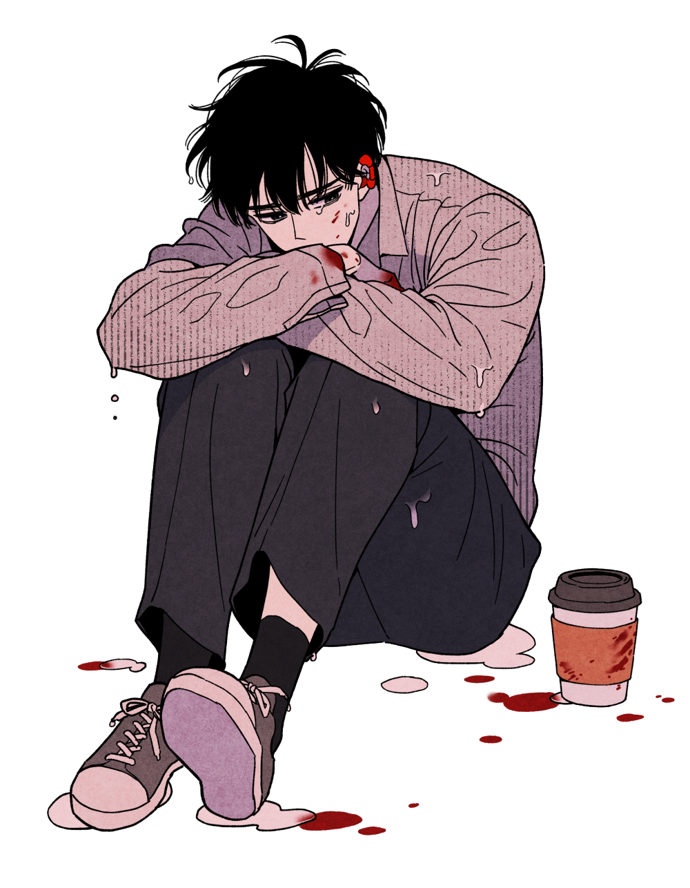 1boy, black_hair, black_pants, black_socks, blood, blood_on_face, blood_on_hands, brown_shirt, covered_mouth, crossed_arms, cup, disposable_coffee_cup, disposable_cup, eoduun_badaui_deungbul-i_doeeo, full_body, grey_shoes, hair_between_eyes, highres, knees_up, long_sleeves, male_focus, pants, park_moo-hyun, shirt, shoes, short_hair, simple_background, sitting, sneakers, socks, solo, sungsil2sungsil, white_background