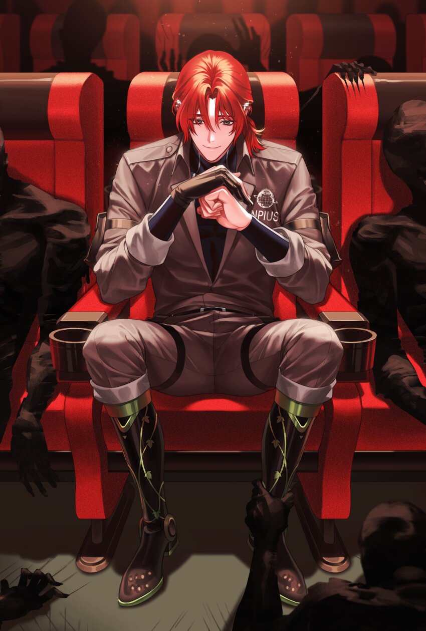 1boy, absurdres, belt, closed_mouth, ear_piercing, eoduun_badaui_deungbul-i_doeeo, full_body, grey_jumpsuit