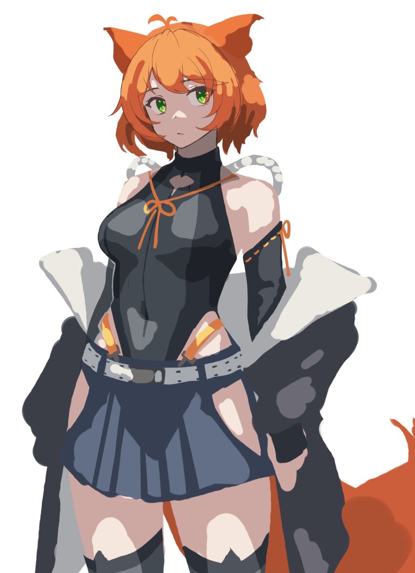 1girl, animal_ears, antenna_hair, bare_shoulders, black_gloves, black_jacket, black_leotard, black_skirt