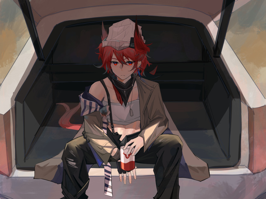 1girl, arknights, bandana, bandeau, black_gloves, black_pants, can, doggycene