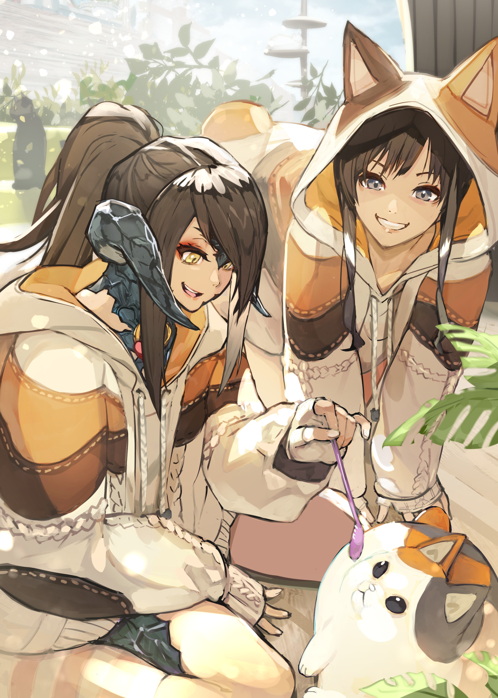 2girls, all_fours, animal_hood, au_ra, brown_eyes, brown_hair, cat_teaser, dragon_horns