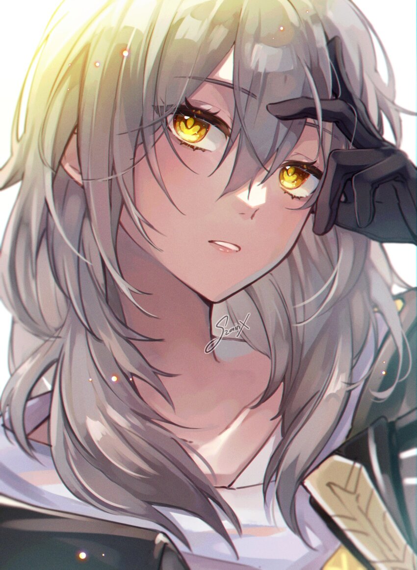 1girl, black_gloves, black_jacket, close-up, expressionless, stelle_(honkai:_star_rail), gloves, grey_hair