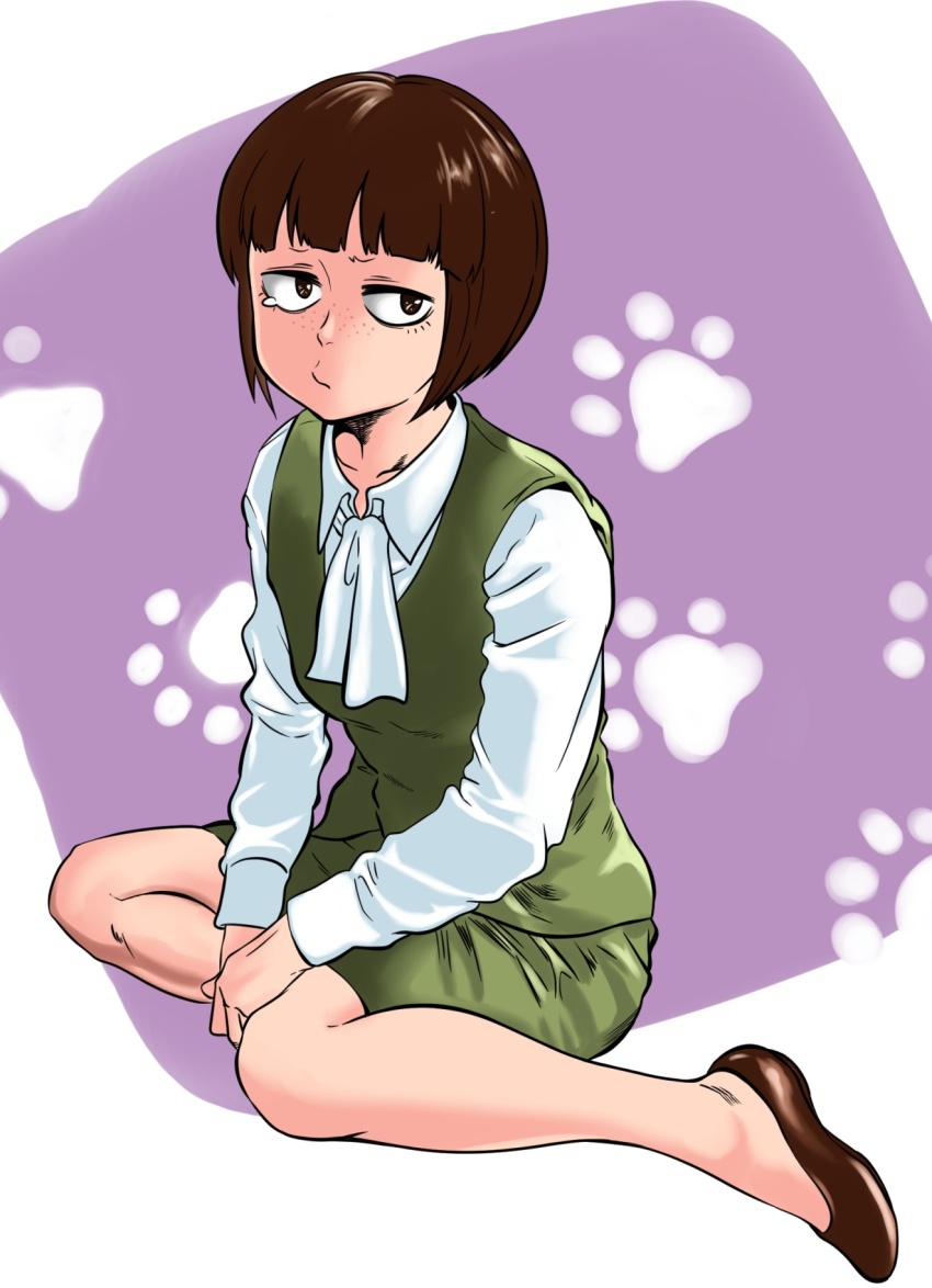 1girl, ascot, brown_hair, brown_shoes, freckles, full_body, green_skirt, happou_urethane