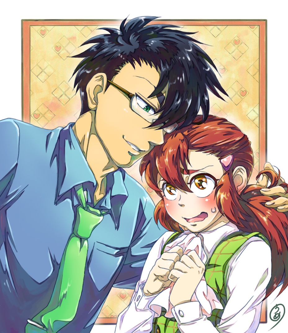 1boy, 1girl, black_hair, blue_shirt, blush, brown_hair, glasses, green_eyes, green_necktie, green_vest, hair_ornament, hair_over_one_eye, hairclip, hand_in_another's_hair, hetero, inukai_kageyuki, kuryuu_kazura, long_sleeves, necktie, ponytail, shirt, sidelocks, simple_background, sweatdrop, umemaru_93, upper_body, vest, wanko_ni_kuchizuke, white_shirt