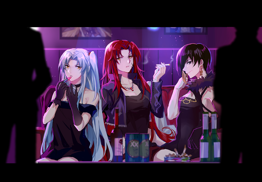 3girls, angela_(project_moon), applying_makeup, binah_(project_moon), black_dress, black_gloves, black_hair, black_jacket