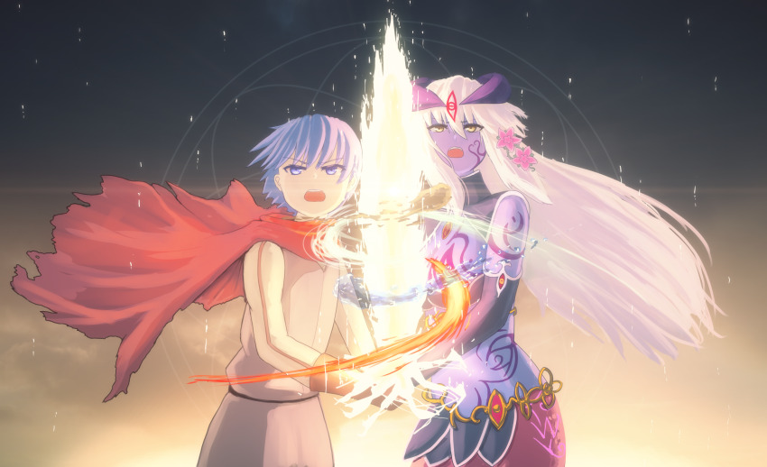 1boy, 1girl, alipheese_fateburn_xvi, angel_halo_(mon-musu_quest!), black_gloves, blue_eyes, breast_tattoo, breasts, brown_gloves, cape, cleavage, colored_skin, commentary_request, dirt, elbow_gloves, energy, eye_tattoo, fire, floating_cape, floating_hair, flower, gloves, hair_between_eyes, hair_flower, hair_ornament, highres, holding, holding_sword, holding_weapon, horns, jewelry, lamia, large_breasts, long_hair, long_sleeves, looking_up, luka_(mon-musu_quest!), magic_circle, mon-musu_quest!, monster_girl, open_mouth, purple_hair, purple_skin, red_cape, sharing, short_hair, spoilers, sword, tattoo, teeth, to_kage_p, upper_teeth_only, v-shaped_eyebrows, water, weapon, white_hair, wind, yellow_eyes