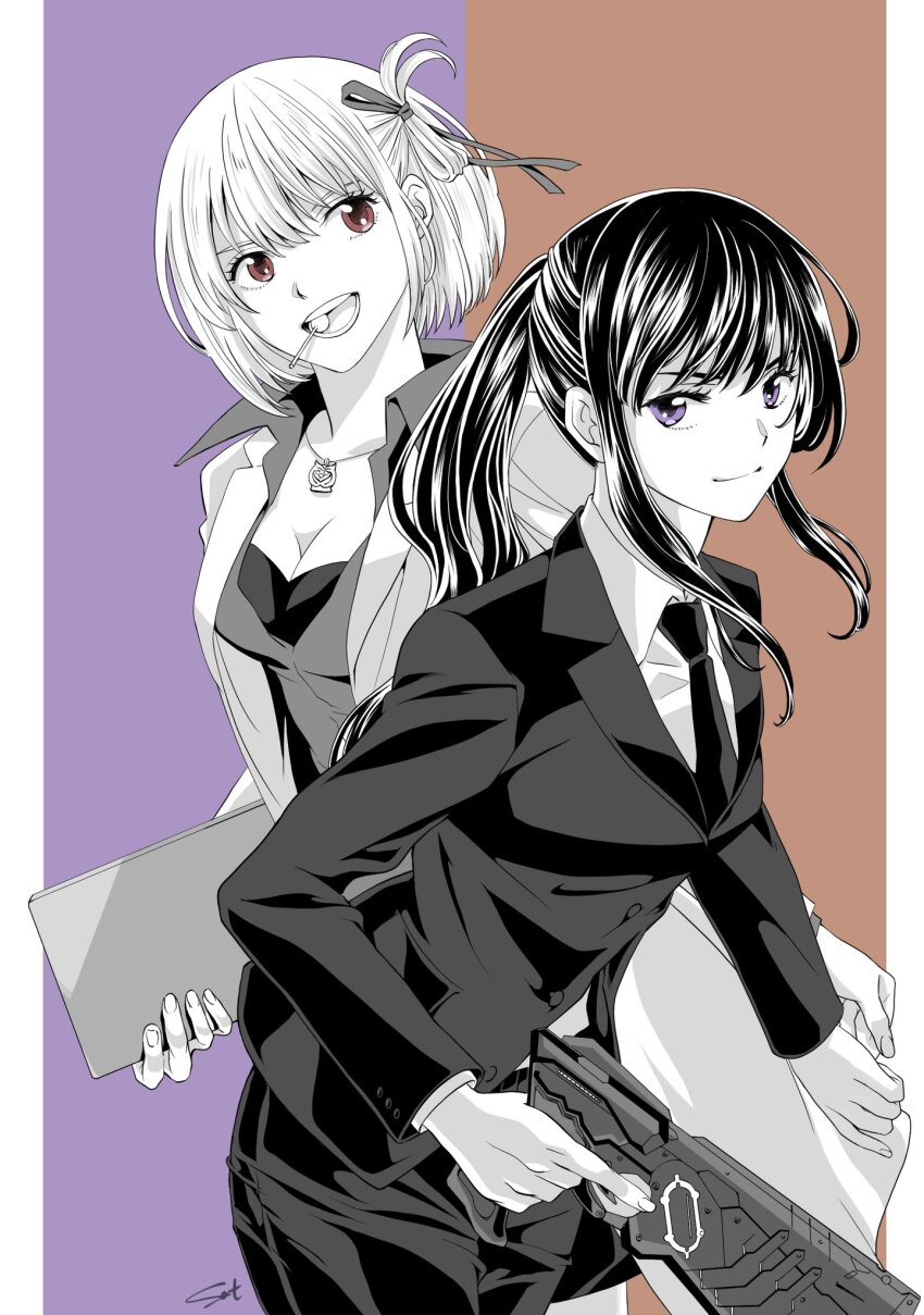 2girls, aged_up, alternate_hairstyle, black_hair, breasts, brown_background, candy, cleavage