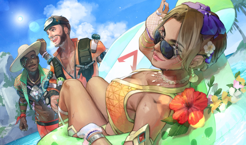 1girl, 2boys, abs, apex_legends, armlet, aviator_sunglasses, bare_pectorals, beach