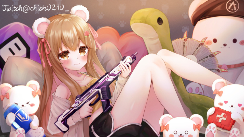 1girl, animal_ears, animification, apex_legends, arms_dealer_loba, assault_rifle, battery, bear_ears