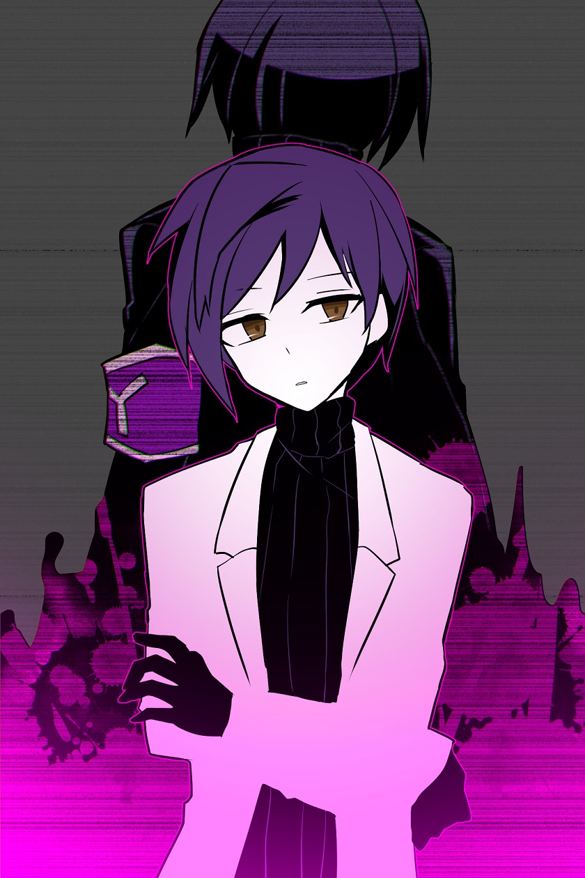 2boys, armband, black_gloves, black_sweater, blood, blood_stain, brown_eyes, commentary_request, crossed_arms, dual_persona, gabriel_(project_moon), gloves, highres, lab_coat, lobotomy_corporation, long_sleeves, male_focus, multiple_boys, pink_blood, project_moon, purple_armband, purple_hair, ribbed_sweater, short_hair, sweater, turtleneck, turtleneck_sweater, yayoi_sekai, yesod_(project_moon)